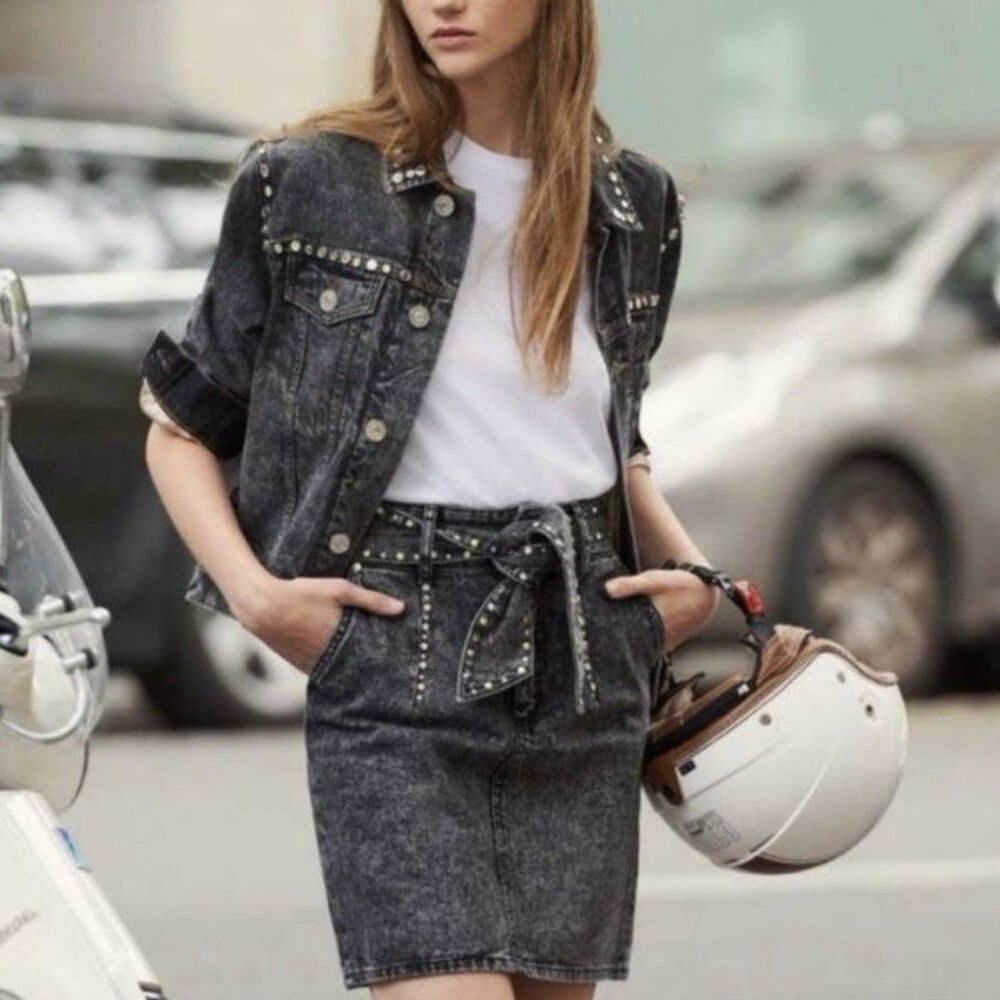 Sandro Paris Fredi Fredd Denim Mini skirt Acid Wash Rhinestone Studded Size 4